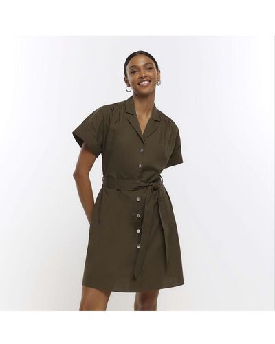 River Island Khaki Faux Leather Belted Mini Shirt Dress in Green