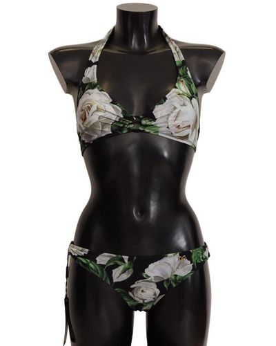 Dolce & Gabbana Tweedelige Bikini-zwemkleding Met Halterprint En Witte Rozenprint - Zwart
