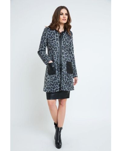 Conquista Animal Print Coat With Pleather Detail - Blue