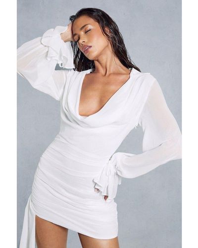 MissPap Chiffon Cowl Collared Draped Skirt Mini Dress - White