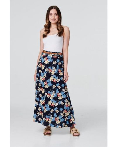 Izabel London Multi Floral Belted A-Line Maxi Skirt - Blue