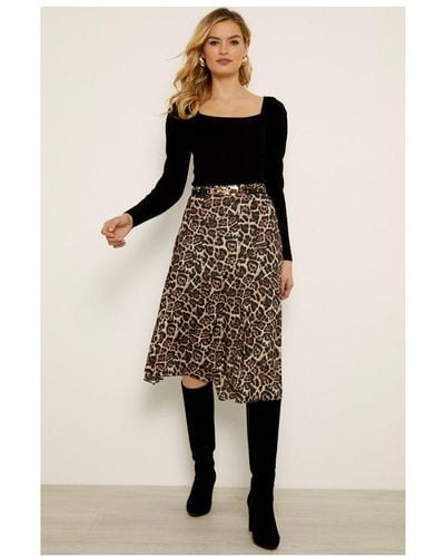 Sosandar Leopard Print Panelled Asymmetric Midi Skirt - Natural