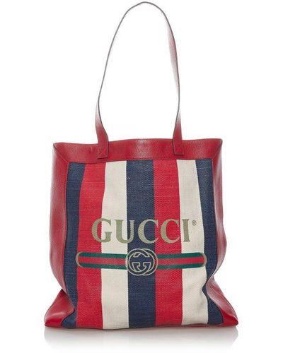 Gucci Vintage 2018 Logo Striped Tote Bag Red Canvas