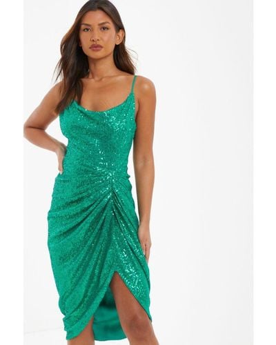 Quiz Jade Green Sequin Ruched Midi Dress - Blue