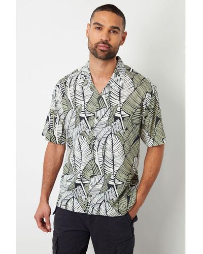 Threadbare 'Retro' Tropical Leaf Print Revere Collar Short Sleeve Shirt - Grey
