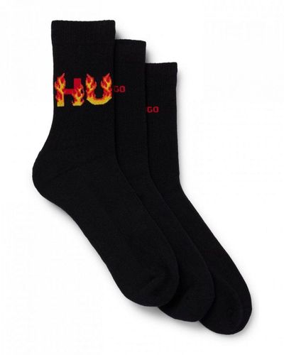 HUGO 3-Pack Rib Flames Quarter Length Combed Cotton Socks - Black