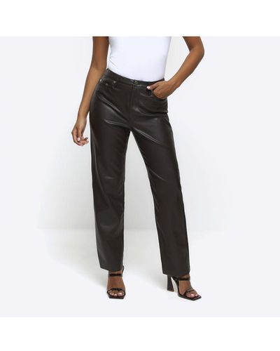 River Island Straight Trousers Petite Brown Faux Leather Pu - White