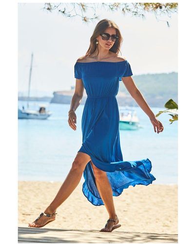 Sosandar Cobalt Ruffle Detail Side Split Bardot Dress - Blue