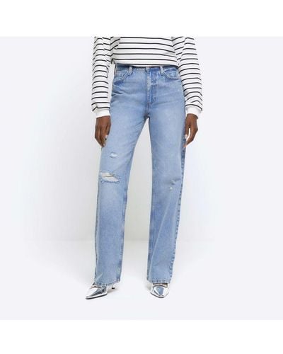River Island Straight Jeans Blue High Waisted Relaxed Cotton