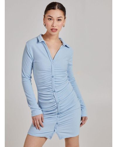 Pink Vanilla Vanilla Long Sleeve Ribbed Mini Dress - Blue