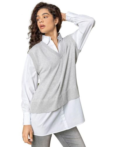 Roman Cable Knit Shirt Collar Longline Jumper - Grey