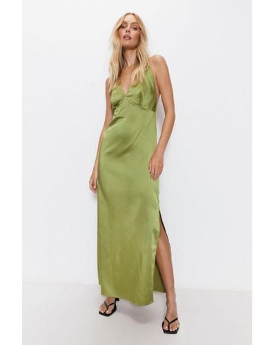 Warehouse Satin V Neck Strappy Slip Dress - Green