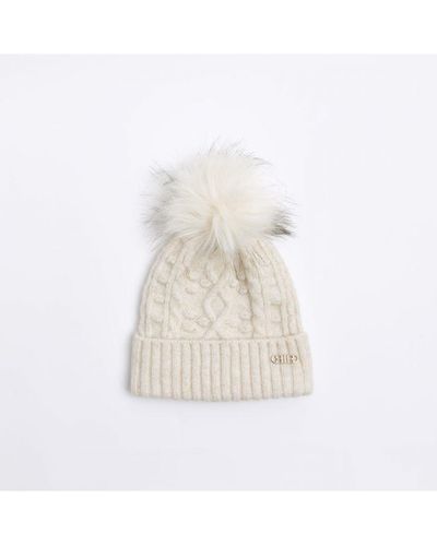 River Island Beanie Hat Beige Cable Knit - White