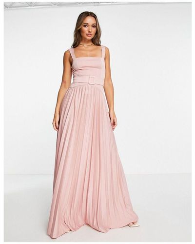 ASOS Square Neck Belted Pleated Maxi Dress - Pink