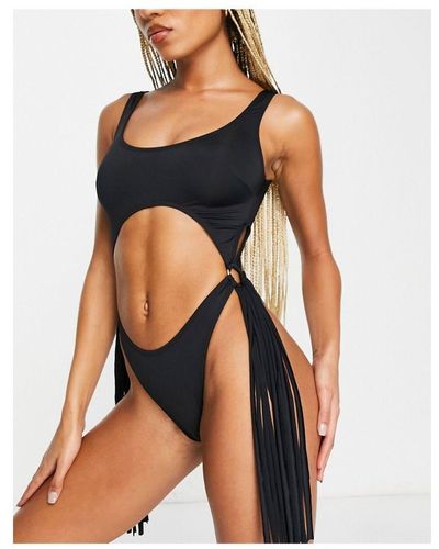 ASOS Ring Side Cut Out Swimsuit With Tassel Detail - Blue