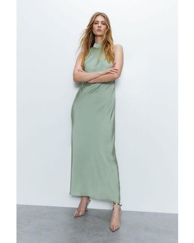 Warehouse Satin Halter Neck Backless Maxi Slip Dress - Green