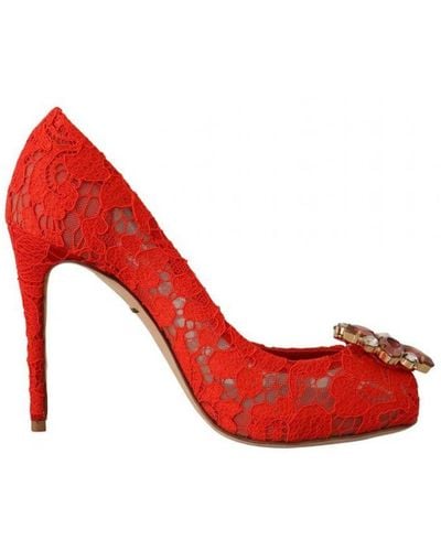 Dolce & Gabbana Red Taormina Lace Crystal Heels Court Shoes Cotton