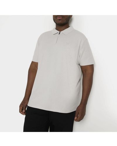 River Island Polo Shirt Big & Tall Grey Short Sleeve Honeycomb Cotton - White