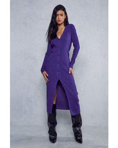 MissPap Rib Knit Button Down Midi Dress - Purple