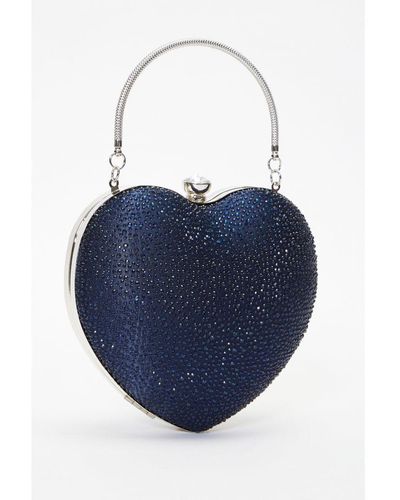 Quiz Navy Satin Diamante Heart Bag - Blue