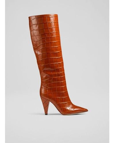 LK Bennett Allegra Croc-effect Leather Cone Heel Knee High Boots - Multicolour