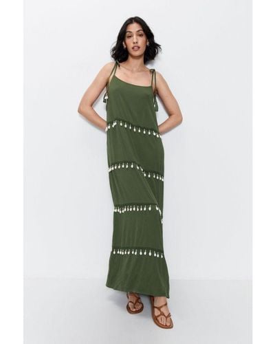 Warehouse Crinkle Viscose Shell Tiered Maxi Dress - Green