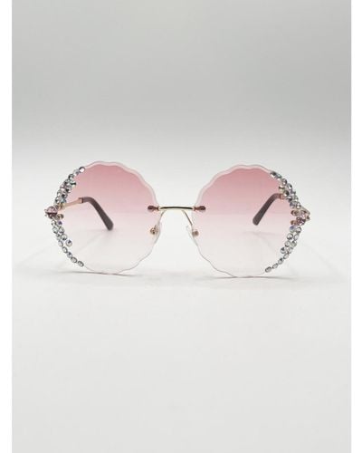 SVNX Oversized Round Frameless Sunglasses With Crystal Detail - Pink