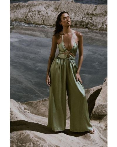 MissPap Textured Satin Strappy Cut Out Jumpsuit - Green