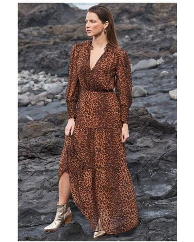 Sosandar Leopard Print Button Front Tiered Maxi Dress - Brown