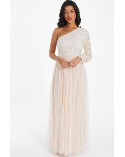 Quiz Champagne Sequin One Shoulder Maxi Dress - White