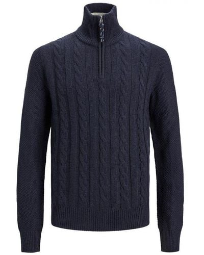 Jack & Jones Jumper Pullover Long Sleeve With Knitted Turtle Zip, Blazer - Blue