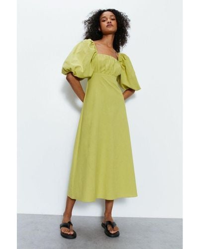 Warehouse Cotton Puff Sleeve Ruched Bodice Midi Dress - Green