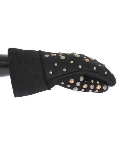 Dolce & Gabbana Grey Wool Shearling Studded Gloves - Black