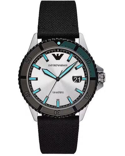 Emporio Armani Fabric And Steel Quartz Watch - Black