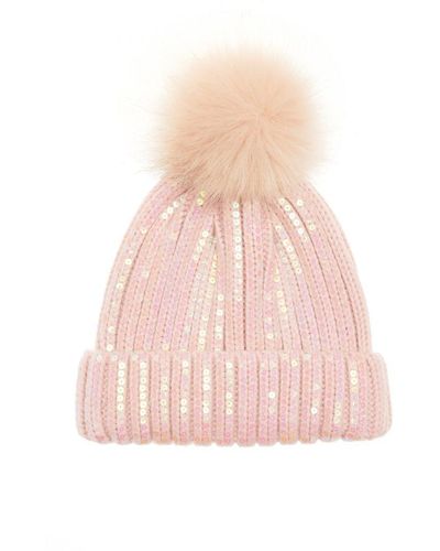 Quiz Sequin Pom Knit Hat - Pink