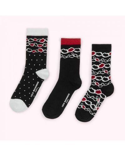 Lulu Guinness Multi Chain Lip Ankle Socks - 3 Pairs Cotton - Black