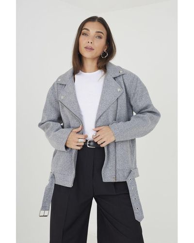 Brave Soul 'Yasmin' Faux Wool Oversized Biker Style Jacket - Grey