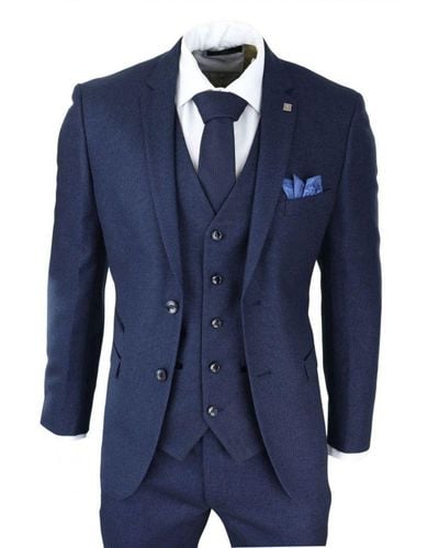 Paul Andrew 3 Piece Birdseye Tweed Classic Suit Velvet - Blue