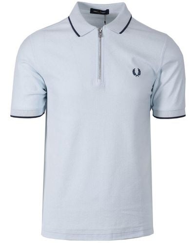 Fred Perry Crepe Pique Zip Neck Polo Shirt Light Ice - Blue