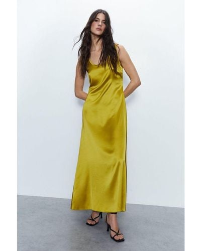 Warehouse Scoop Neck Satin Midi Slip Dress - Yellow