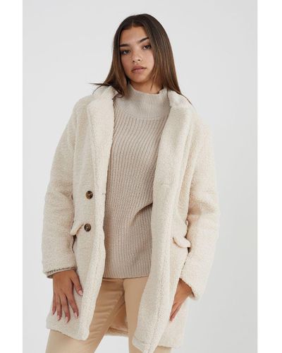 Brave Soul 'Kyrati' Double Breasted Longline Faux Fur Jacket - Natural