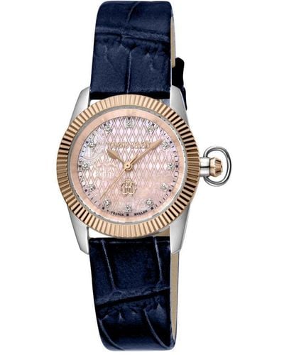 Roberto Cavalli Ladies Rose Gold Mop Dial N. Blue Watch Leather