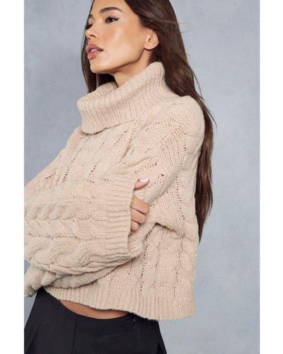 MissPap Cropped Cable Knit Roll Neck Jumper - Natural