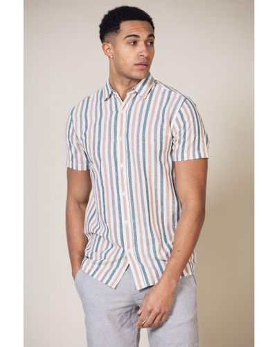 Nordam Cream 'Terence' Cotton Linen Blend Short Sleeve Button-Up Striped Shirt - White
