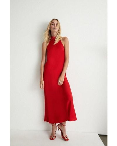 Warehouse Satin Halter Neck Backless Slip Dress - Red