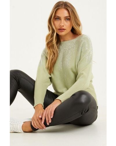Quiz Sage Knitted Batwing Jumper - Green