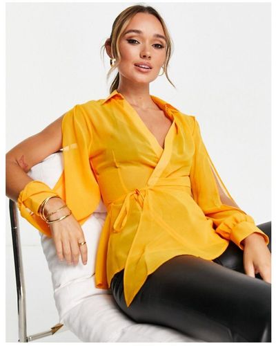 ASOS Sheer Wrap Front Shirt With Split Sleeve - Orange