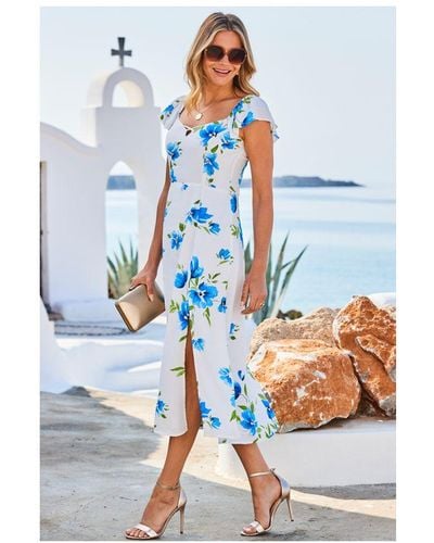 Sosandar White & Blue Floral Print Flutter Sleeve Bardot Midi Dress