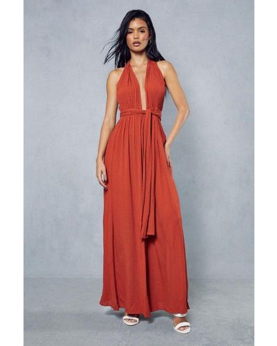 MissPap Crinkle Belted Waist Halterneck Backless Wide Leg Jumpsuit - Red