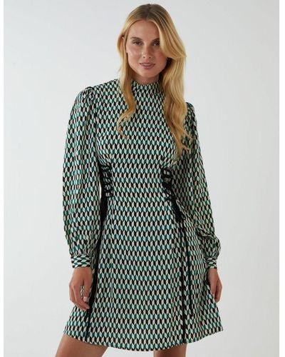 Blue Vanilla Vanilla Geometric Print Lace Side Waist High Neck Dress - Green
